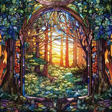 A Stained Glass Window With A Forest
