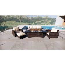 Moda Furnishings Amy Brown 6 Piece Wicker Patio Fire Pit Conversation Sofa Set With Beige Cushions