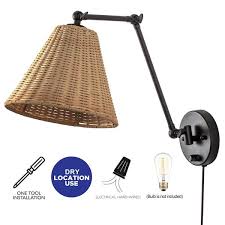C Cattleya Black Woven Rattan Plug In Swing Arm Wall Lamp With On Off Switch
