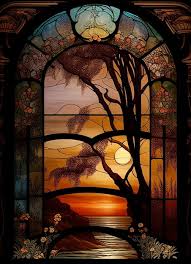 A Stained Glass Window With A Sunset In