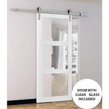 Sartodoors Sy Barn Door 42 X 84 Inches Clear Glass 3 Lites Lucia 2555 Matte White Top Mount Stainless Steel 8ft Rail Hangers Heavy Set Solid Panel