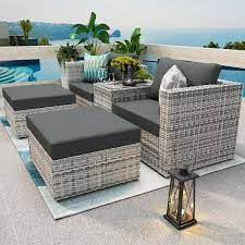 5 Pieces Grey Wicker Outdoor Furniture Sectional Set Patio Conversation Set With Gray Cushion And Protecting Cover