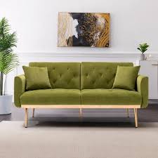 63 77 In Wide Olive Green Velvet Upholstered 2 Seater Convertible Sofa Bed With Golden Metal Legs