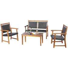 4 Piece Acacia Wood Wicker Patio Conversation Seating Set