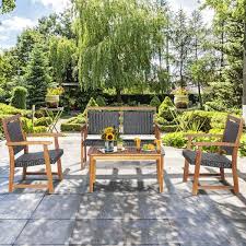 Sunrinx 4 Piece Wicker Patio Conversation Set Furniture Sofa With Acacia Wood Frame