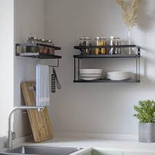 16 14 In W X 6 In D X 3 In H Black 2 1 Tier Bathroom Wall Mounted Floating Shelves With Metal Frame