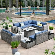 Tahoe Grey 13 Piece Wicker Wide Arm Outdoor Patio Conversation Sofa Set With A Fire Pit And Denim Blue Cushions