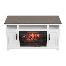 Home Decorators Collection Hillrose 52 In Freestanding Electric Fireplace Tv Stand In White With Rustic Taupe Oak Top