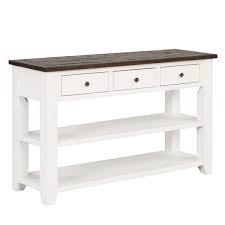 48 In Antique White And Brown Top Rectangle Pine Wood Console Table Sofa Table With 3 Storage Drawers And 2 Shelves