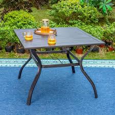 Phi Villa Black Slat Square Metal 1 57 In Patio Outdoor Dining Table With Umbrella Hole
