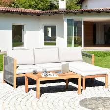 3 Piece Acacia Wood Patio Conversation Set Sofa Furniture Set With White Cushions And Nylon Rope Armrest