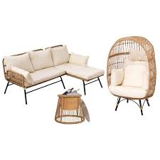 4 Pieces Boho Beige Wicker Patio Conversation Sofa Set With Ice Bucket Egg Chair With Beige Cushions