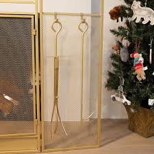 Barton 48 In Fireplace Screen Gold 4 Panel Fire Spark Guard Hinged Doors With Fireplace Tools