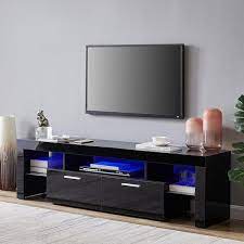 J E Home 63 In Black Tv Stand With 2 Storage Drawers And Led Lights Fits Tv S Up To 70 In