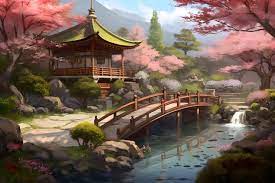 A Japanese Garden With A Bridge And A