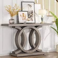 Tribesigns Catalin 55 In Gray Rectangular Wood Console Table With Geometric Base