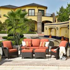 Ovios New Kenard Brown 5 Piece Wicker Outdoor Patio Conversation Seating Set With Orange Cushions