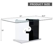 63 In Minimalist Rectangular Glass Dining Table With Tempered Glass Tabletop And Mdf Slab Shaped Base Black And White