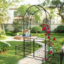 79 5 In X 86 6 In Metal Garden Arch Arbor With Gate Climbing Plants Support Rose Arch Outdoor Black