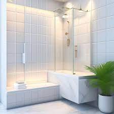 Shower Bench In White Subway Tile Wall