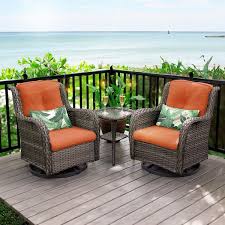 3 Piece Wicker Patio Swivel Outdoor Rocking Chair Set With Orange Cushions And Table