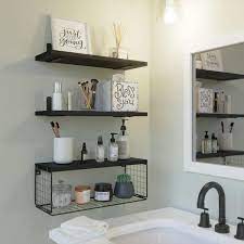 16 5 In W X 6 In D Black Wood Floating Bathroom Shelves Wall Mounted With Wire Basket Decorative Wall Shelf