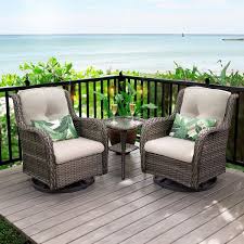 Joyside 3 Piece Wicker Patio Swivel Outdoor Rocking Chair Set With Beige Cushions And Table