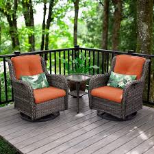 Joyside 3 Piece Wicker Patio Swivel Outdoor Rocking Chair Set With Orange Cushions And Table