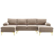 110 In Square Arm 3 Piece Velvet U Shaped Sectional Sofa In Camel With Chaise