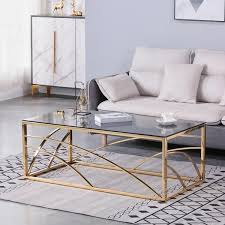 Modern 46 8 In Gold Large Rectangle Tempered Glass In Blue Gray Coffee Table