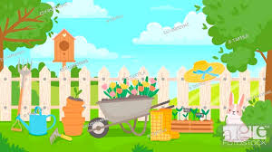 Garden Landscape With Tools Cartoon