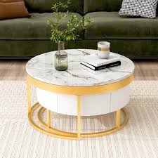 Modern Nesting 31 5 In Golden White Round Mdf Lift Top Coffee Table With Drawers White Golden