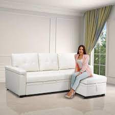 Laura Reversible Sleeper Sectional Sofa Storage Chaise By Naomi Home Velvet White Color White Fabric Air Leather