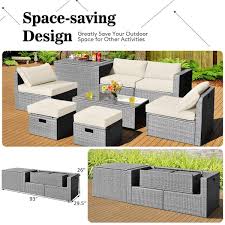 8 Pieces Patio Rattan Furniture Set With Storage Waterproof Cushion White