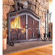 Evergreen Large Crest Fireplace Screen With Doors Black