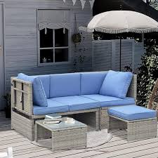 4 Piece Wicker Outdoor Garden Chaise Lounge Set Sectional Sofa Set With Adjustable Side Seat In Blue Cushion