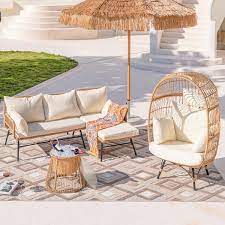 Nicesoul 4 Pieces Boho Beige Wicker Patio Conversation Sofa Set With Ice Bucket Egg Chair With Beige Cushions