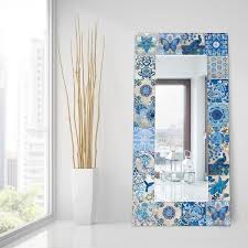 Blue White Tiles Rectangular Beveled Mirror