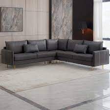 Wetiny 92 5 In W Square Arm 1 Piece U Shaped Faux Leather Modern Section Sofa In Dark Gray