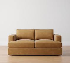 Carmel Recessed Square Arm Leather Sofa Down Blend Wrapped Cushions Nubuck Wheat Pottery Barn