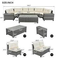 Gray 8 Piece Pe Wicker Outdoor Half Moon Sectional Set Curved Sofa Set Conversation Set With Table And Beige Cushions