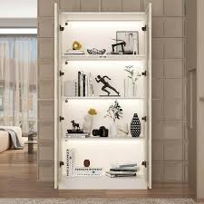 Fufu Gaga White Wood 31 5 In W Display Cabinet With Tempered Glass Doors And 3 Color Led Lights