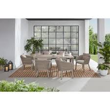 Home Decorators Collection Odenhall Reinforced Aluminum 7 Piece Wicker Outdoor Dining Set With Cushionguard Plus Grey Cushions