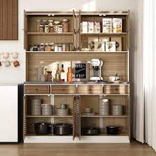 Wiawg Brown Wood 61 3 In W Kitchen Food Pantry Cabinet Louvered Door Style With Hutch Glass Doors Adjustable Shelves