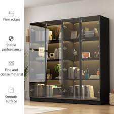 Black Wood Storage Cabinet Display Cabinet With Tempered Glass Doors 3 Color Led Lights And Aluminum Framed