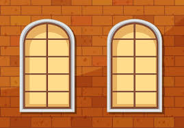 Windows On Brick Wall In Cartoon Style