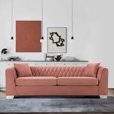 Armen Living Cambridge Contemporary Sofa In Brushed Stainless Steel And Blush Velvet