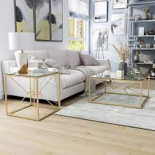 Karrey 35 78 In Gold Coating And Clear Square Glass Top Coffee Table