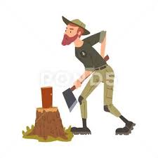 Man Forest Ranger Chopping Wood With