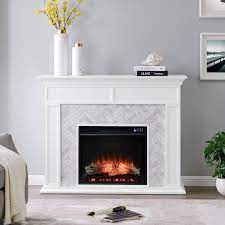 Hundera 50 In Touch Panel Electric Fireplace In White With White And Gray Marble